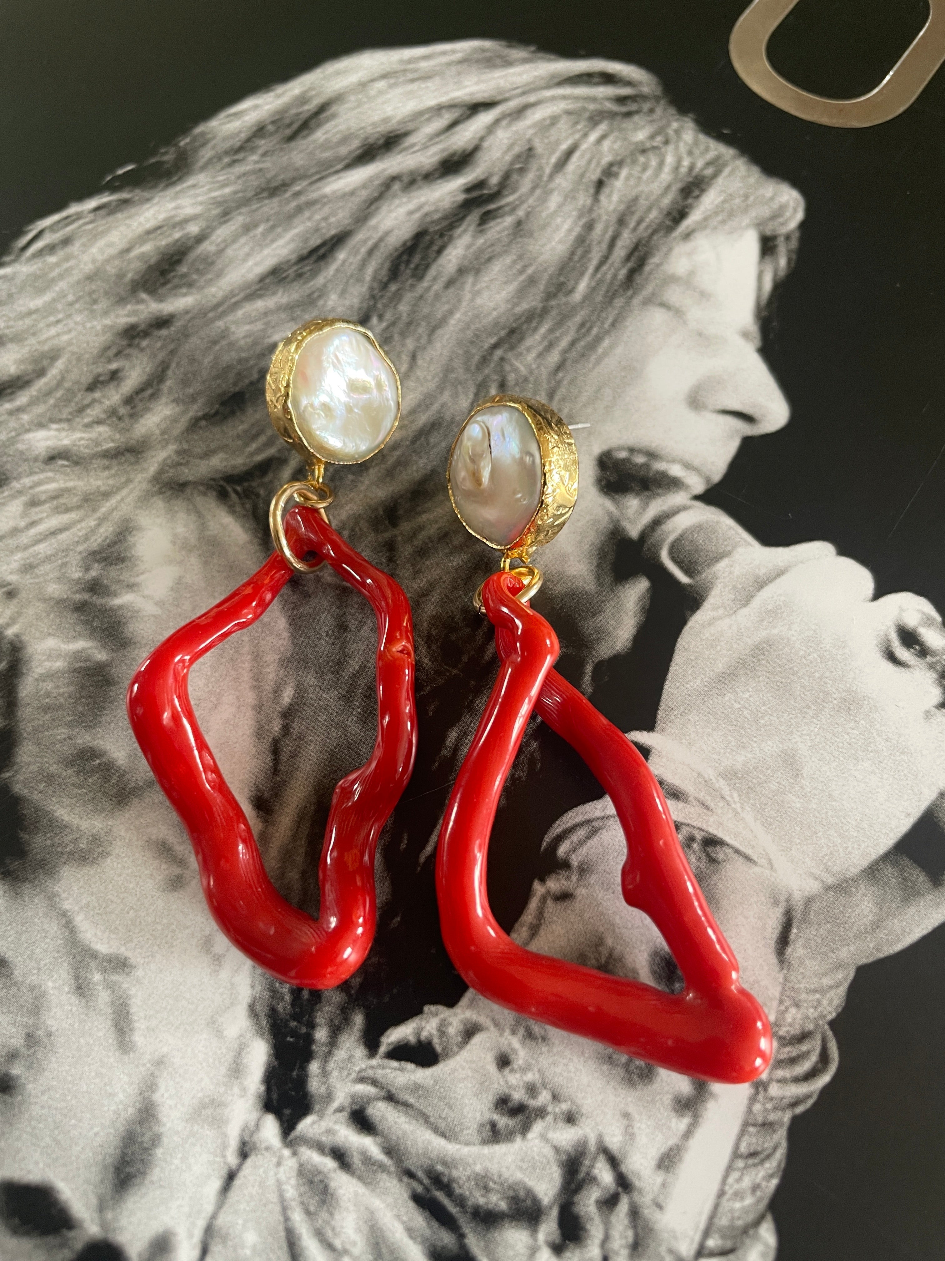 Red Coral On Pearl Studs