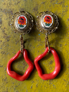 Micro-Mosaic & Red Coral Earrings