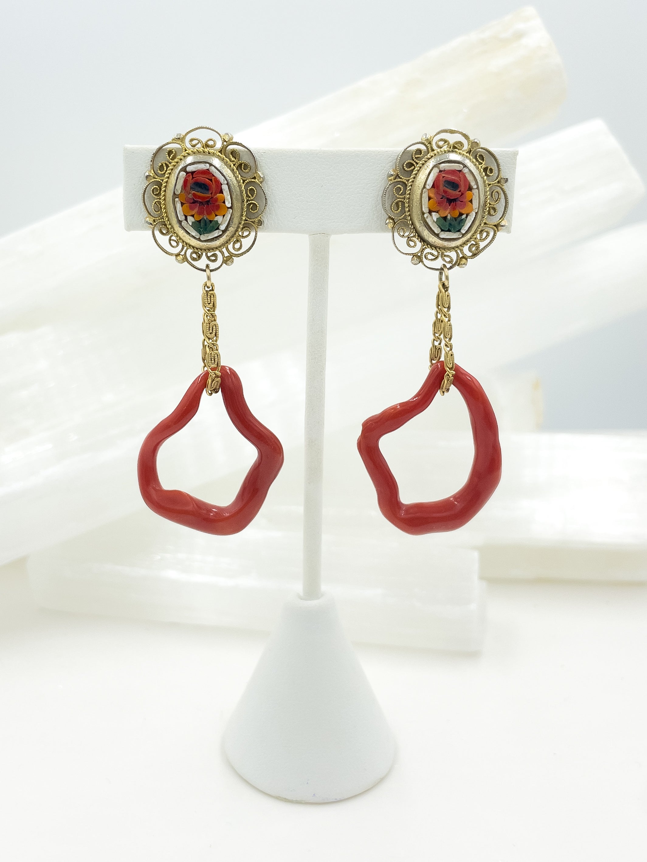 Micro-Mosaic & Red Coral Earrings