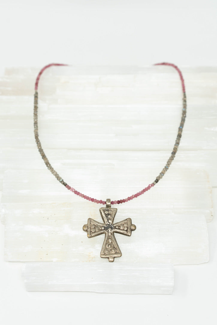 Removable Cross on Tourmaline & Labradorite Beads